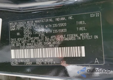 2022 Toyota Highlander Platinum из США, поврежденный, VIN 5TDFZRBH8NS209952